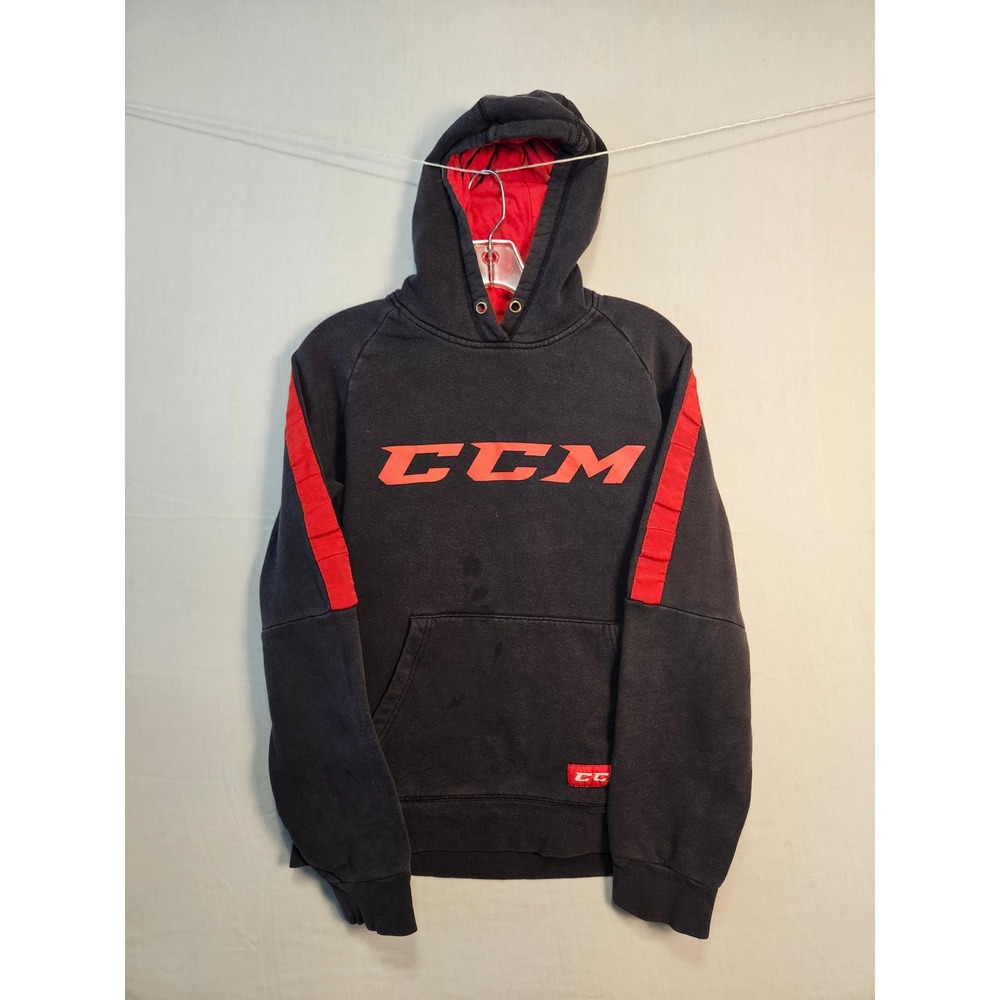 CCM Mens Pullover Hoodie Black Red Logo Graphic Fleece Sweatshirt Small 3121